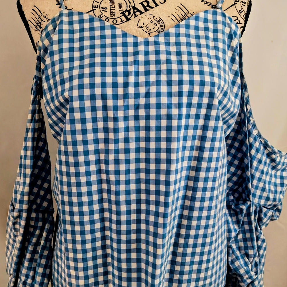Belle Sky Blue Checkered Cold Shoulder Blouse
